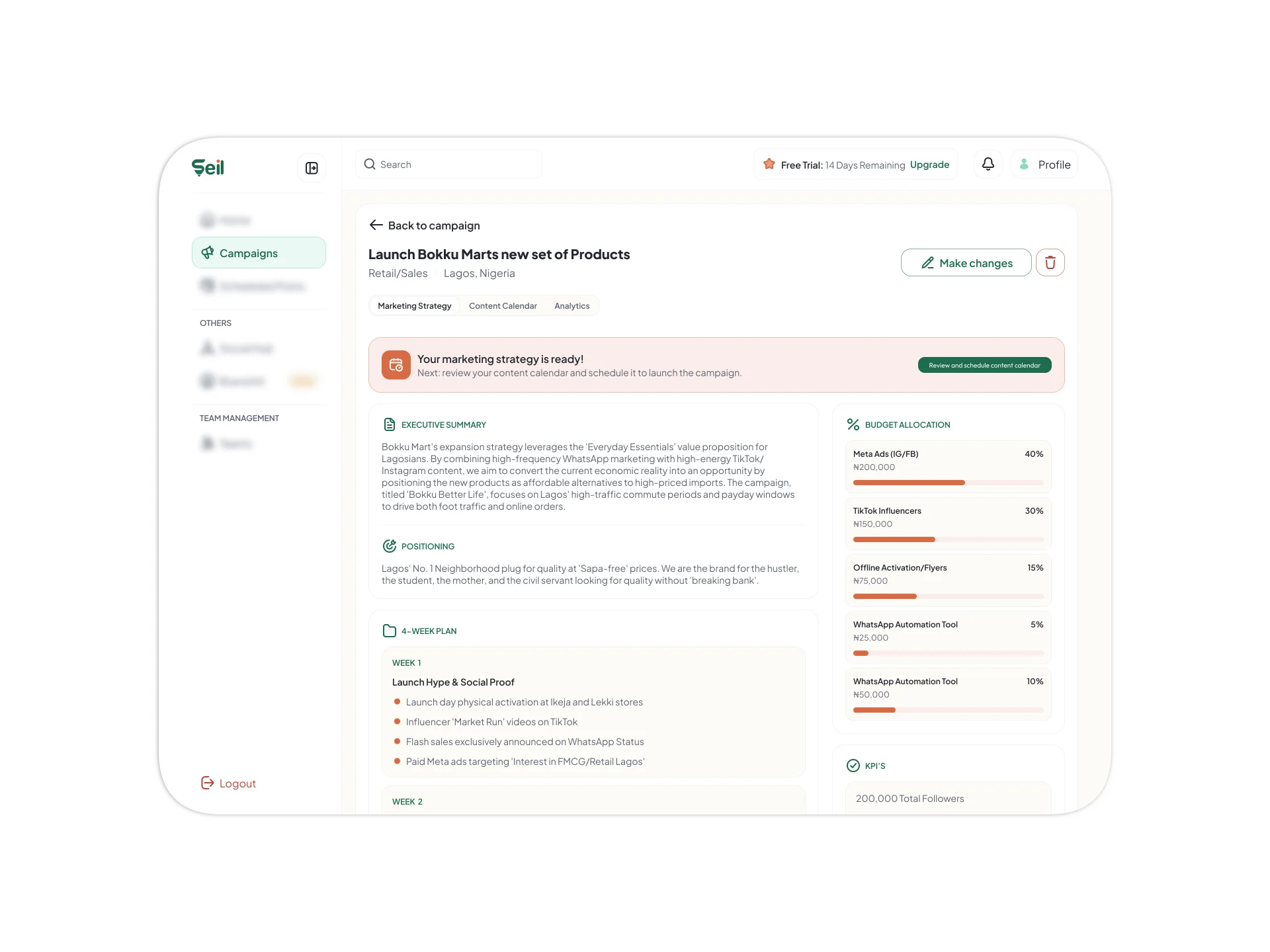 Seil campaign dashboard showing a guided marketing strategy, budget allocation, and a four-week plan.